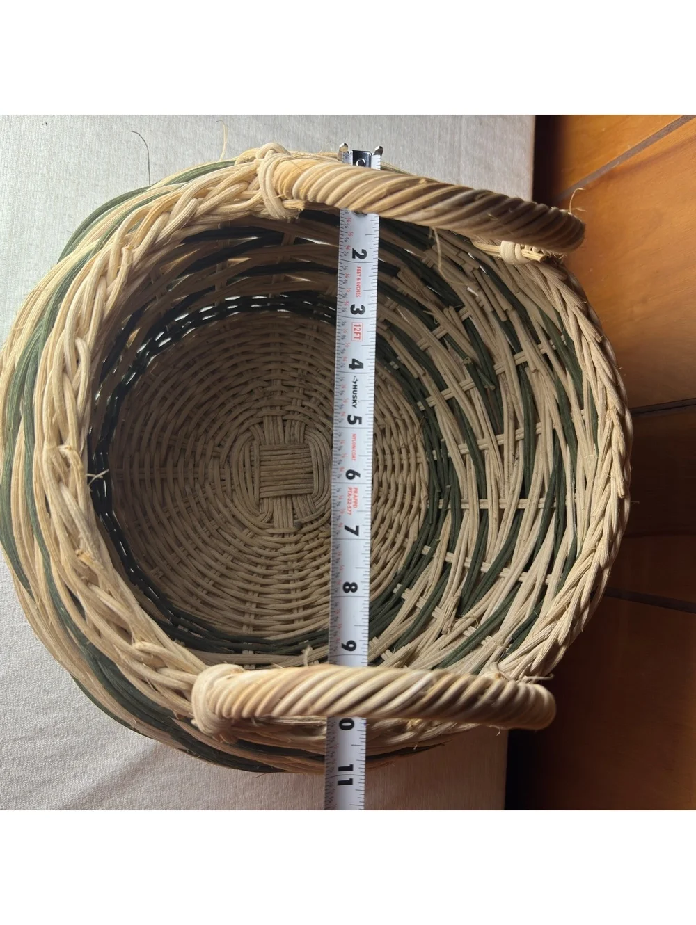 Handwoven Wicker Basket Green Cream Round Double Handle Farmhouse Cottage Decor